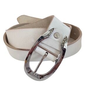 White thick‎ Leather Belt Silvertone Horseshoe Buckle Rhinestone woman's Xl 38+